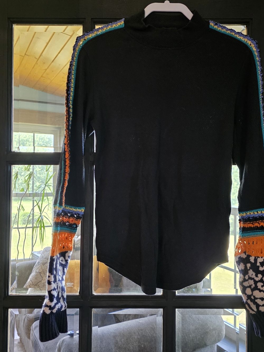 Free People Black Crew Sweater with Orange, Teal & Navy Crochet Sleeves - Picture 2 of 3